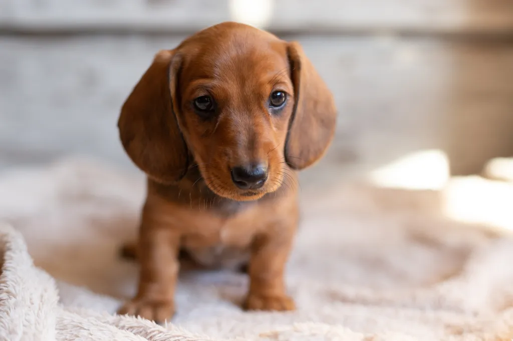 El dachshund de pelo corto (Wiener dog) de pie en la hierba verde y mirando a un lado. Perro con arnés, sin correa, mientras camina. Foto al aire libre