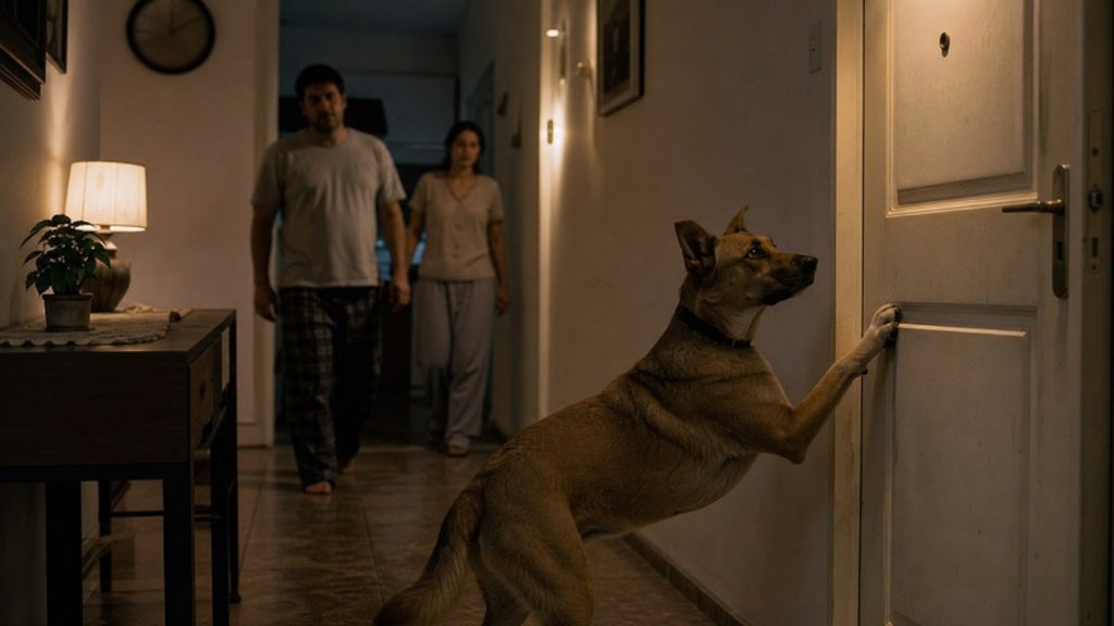 Perro alerta rascando la puerta mientras su familia se despierta