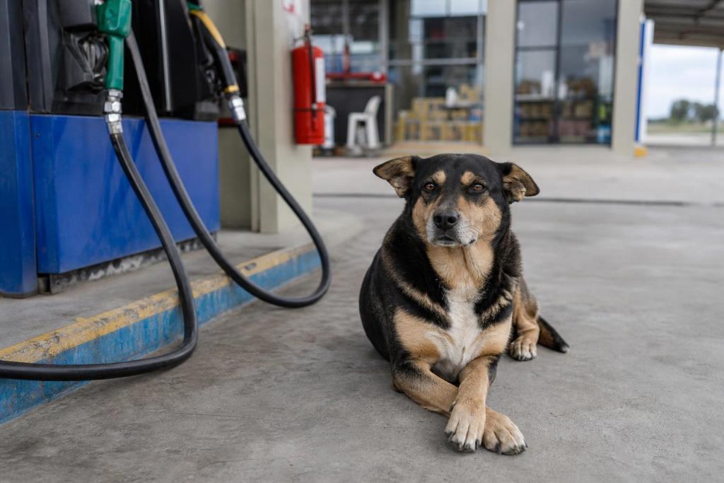El perro de una estación de servicio de la ruta 3 ya es el empleado más querido del pueblo